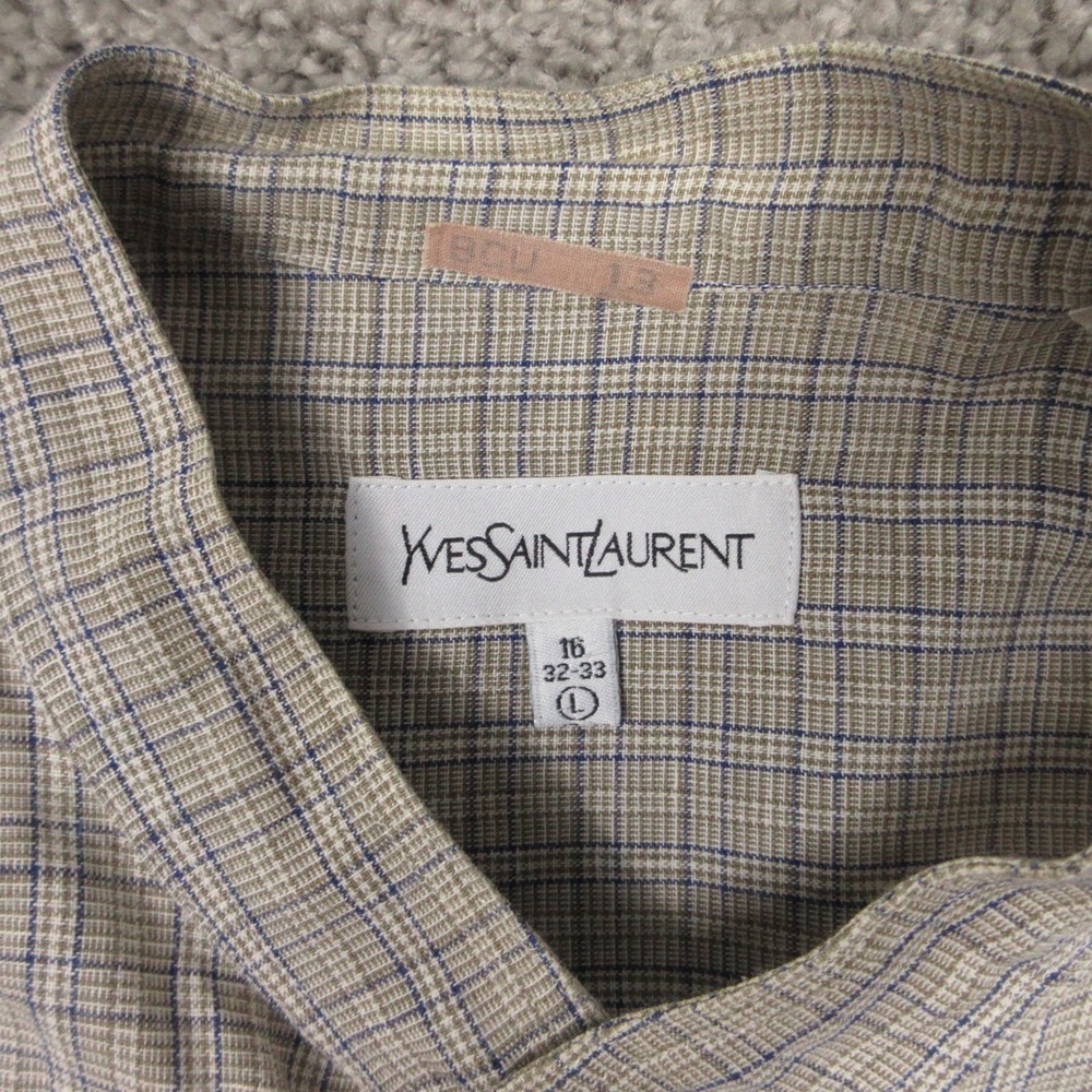 Yves Saint Laurent Shirt Mens Large Beige Plaid Band Collar Pockets Button Up - Picture 4 of 10
